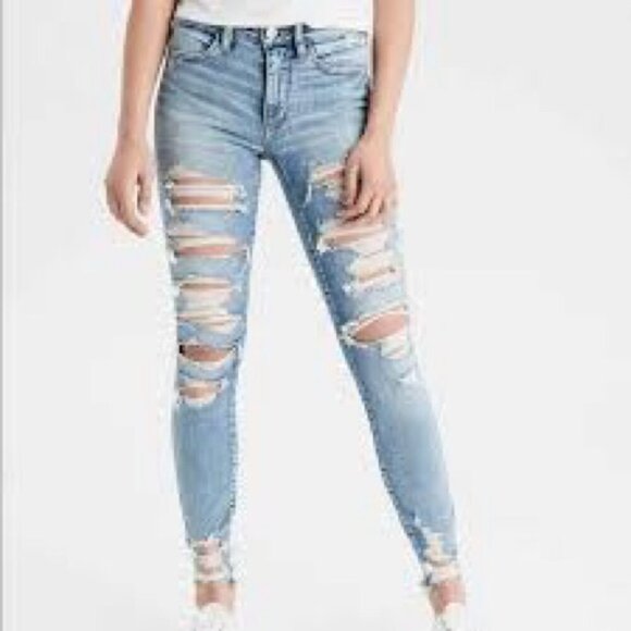 American Eagle Outfitters High Rise Jegging distressed frayed skinny jeans Sz 0 - Picture 1 of 13